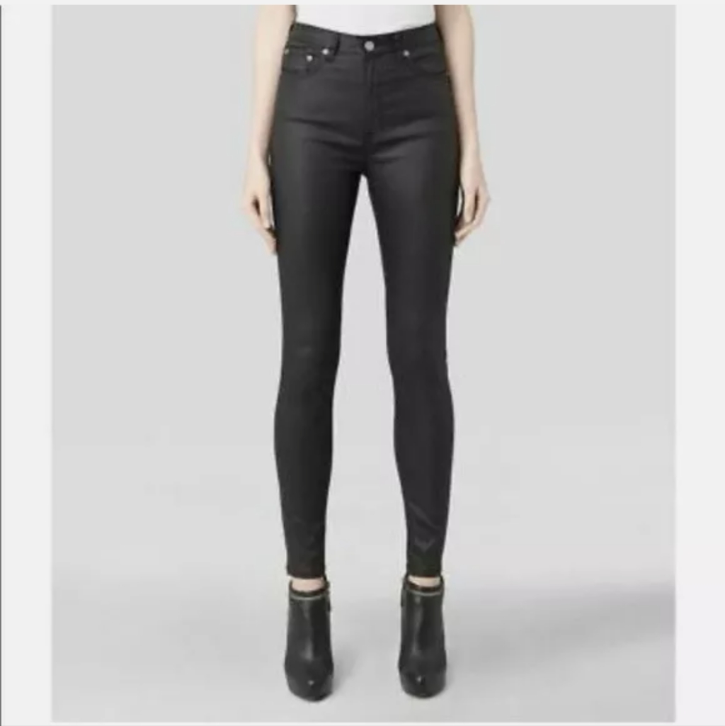 All Saints Stilt Skinny Fit High Rise Super Stretch Coated Denim Black Jeans